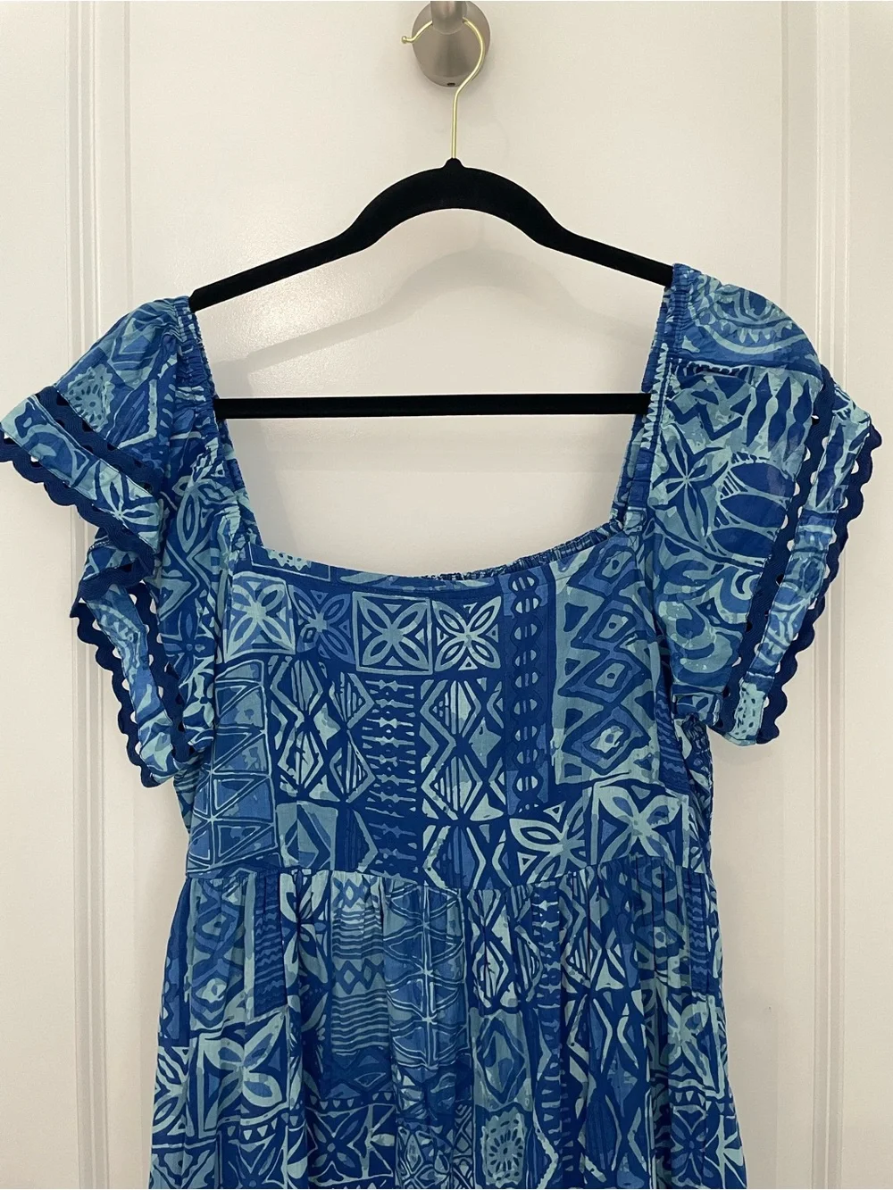 Olivia James Brooke Dress Native Dusk Blue Coastal Luxury Ruffle.         Sk6